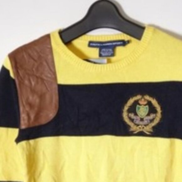 S/M💛Ralph Lauren Sport Men's Yellow&Navy Striped Crewneck Sweater - Picture 7 of 7